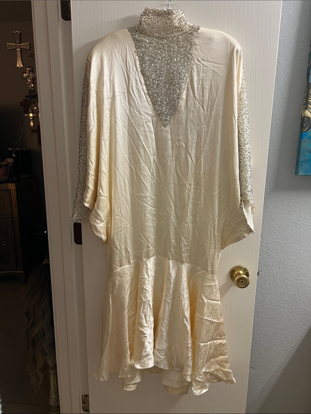 Ivory Beaded High-Neck Midi Dress